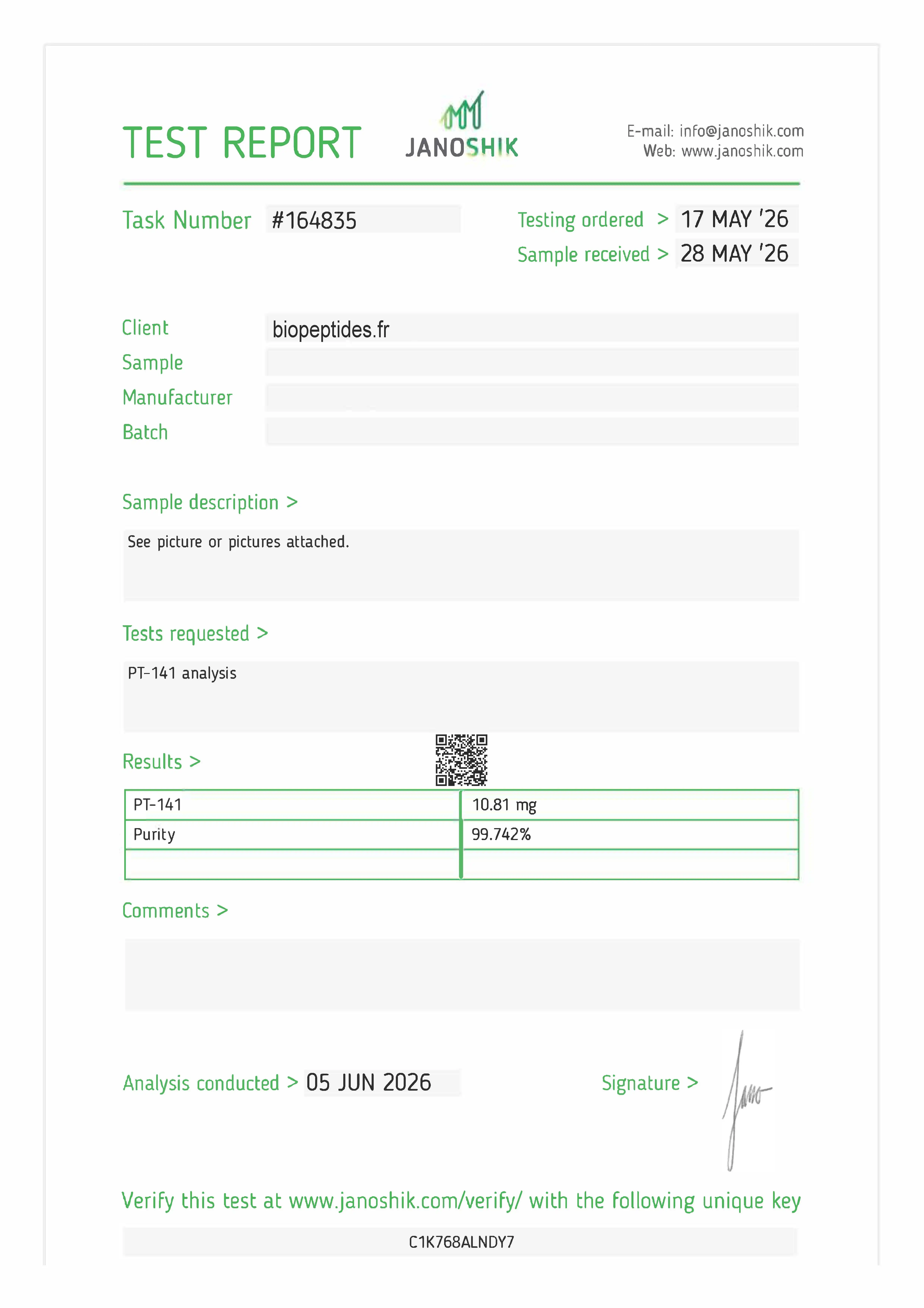 Certificate of Analysis — PT-141 10 mg