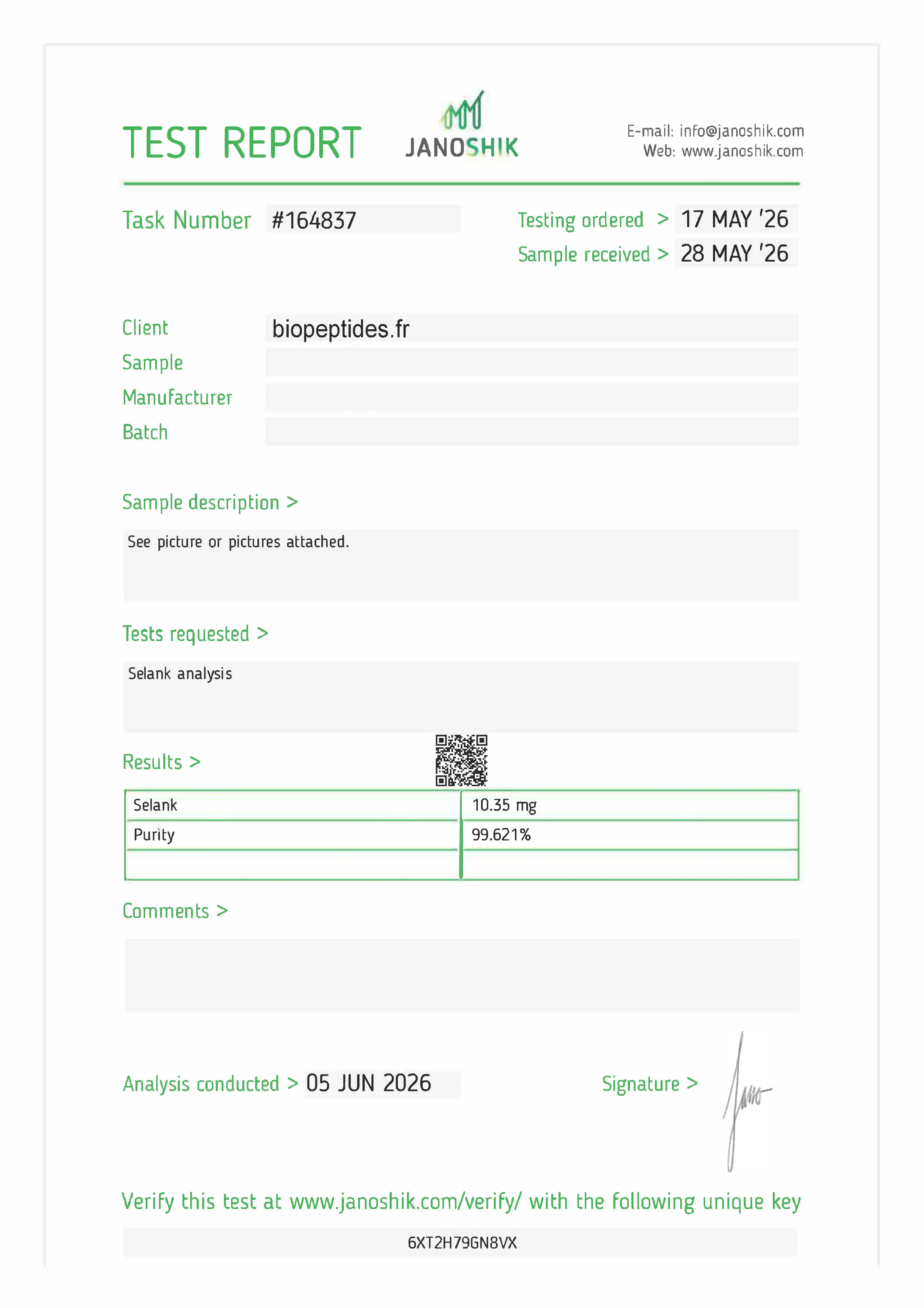 Certificate of Analysis — Selank 10 mg