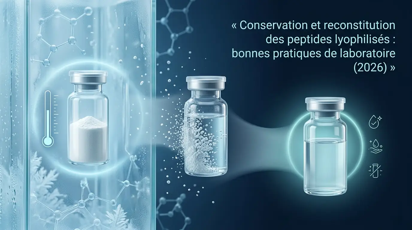 Stylized laboratory illustration: an abstract lyophilized peptide vial, a drop of reconstitution solvent and a cold snowflake on a technical grid, in navy and cyan tones.