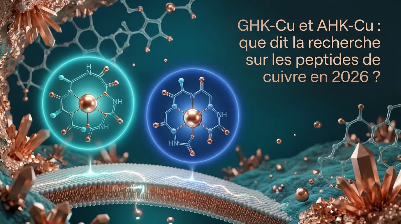 Abstract laboratory illustration: a central copper-toned core connected to stylised peptide chains in navy and cyan, evoking a peptide-copper complex.